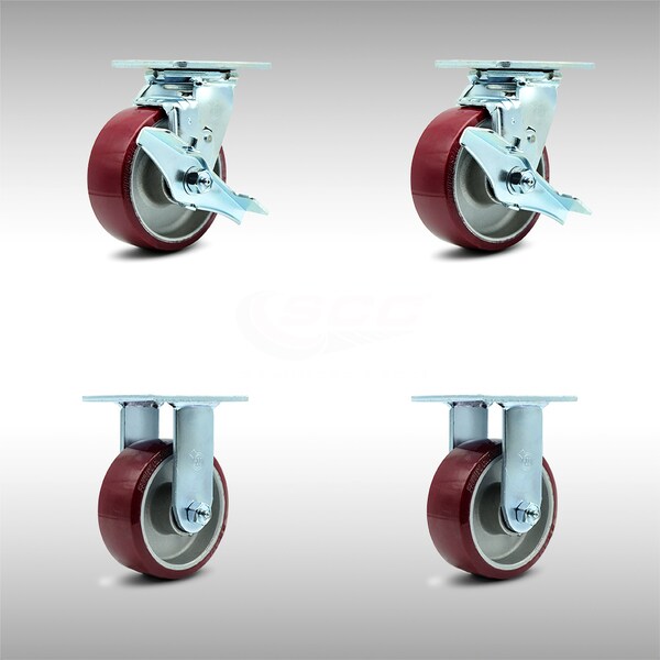 5 Inch SS Poly on Aluminum Caster Set with Roller Bearings 2 Brakes 2 Rigid SCC